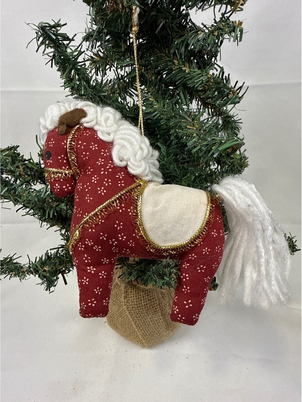 Russ Berrie Vintage Red Horse Christmas Ornament with White Yarn Mane and Tail
